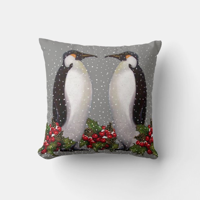 Pinguïn Couple in sneeuw: kerstkunst: Holly Kussen (Voorkant)
