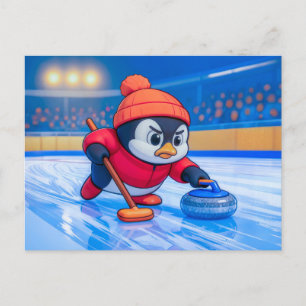 Pinguïn die curling speelt op een ijzige winterbaa briefkaart