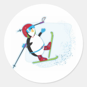 Pinguïn die op ski valt ronde sticker