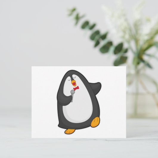 Pinguïn die zingt met microfoon en stropdas briefkaart (Staand voorkant)