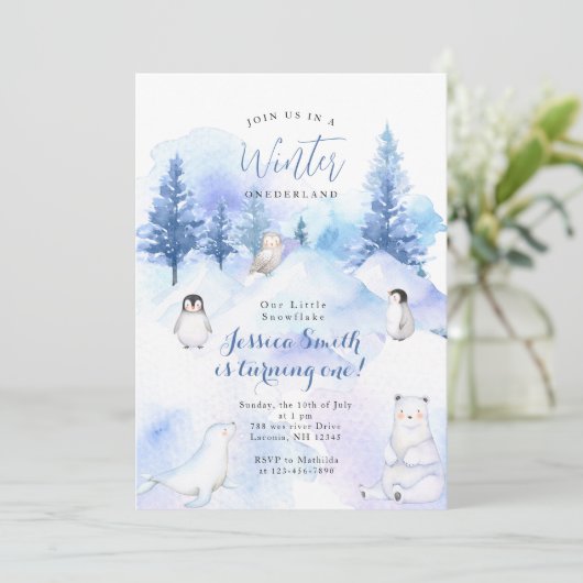 Pinguïn Dier Winter Onederland 1e verjaardag Kaart (Staand voorkant)