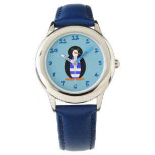 Pinguïn draagt Griekse vlag vest blauwe achtergron Horloge