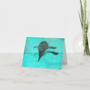 Pinguïn duikt in blauw water op een blanco notitiekaartje