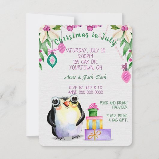 pinguïn en cadeaus voor Kerstmis in Juli feest Kaart (Voorkant)