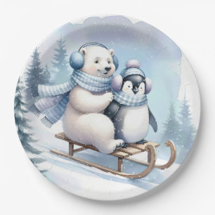 Pinguïn en ijsbeer op een slee papieren bordje