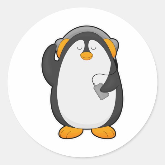 Pinguïn en mobiele telefoon met headset ronde sticker (Voorkant)