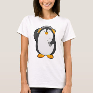 Pinguïn en mobiele telefoon met headset t-shirt