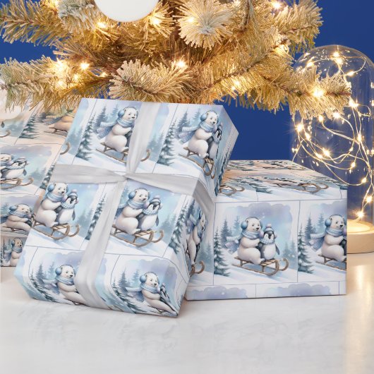 Pinguïn en Polar Beer op een slee Cadeaupapier (Feestdagen)