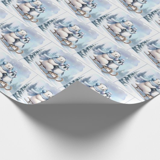 Pinguïn en Polar Beer op een slee Cadeaupapier (Hoek)