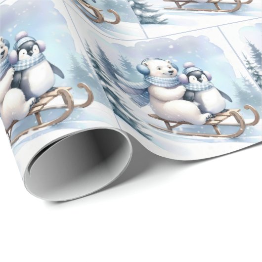 Pinguïn en Polar Beer op een slee Cadeaupapier (Rol Hoek)