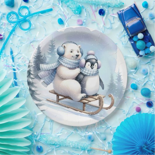 Pinguïn en Polar Beer op een slee Papieren Bordje (Feest)