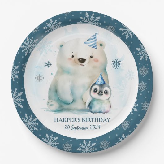 Pinguïn en Polar Beer Winterverjaardag Papieren Bordje (Voorkant)