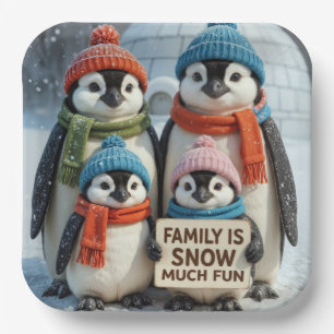 Pinguïn familie in sneeuwvlokken papieren bordje