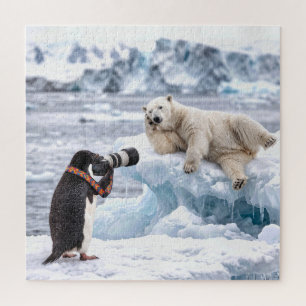 Pinguïn fotografeert poserende ijsbeer legpuzzel