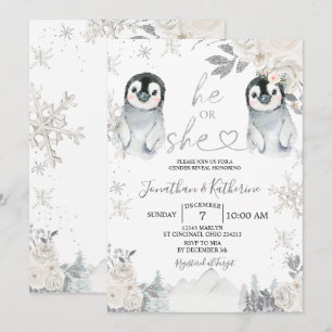 Pinguïn Gender onthullen Hij of zij Wintersnowflak Kaart