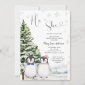 Pinguïn Hij of Zij Evergreen Winter Geslacht Onthu Kaart (Voorkant)