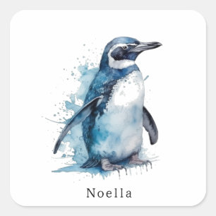Pinguïn in blauwe waterverf vierkante sticker