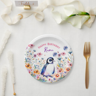 Pinguïn in Bloemen Meisjes Verjaardag Gepersonalis Papieren Bordje
