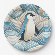 Pinguïn in crèmeblauwe Abstracte golven