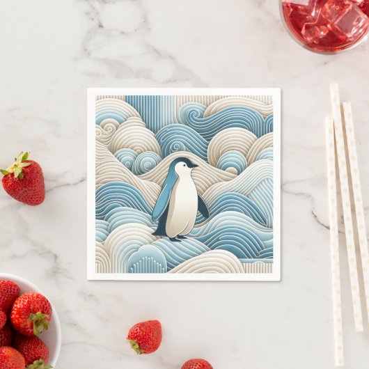 Pinguïn in crèmeblauwe Abstracte golven Servet (Insitu)