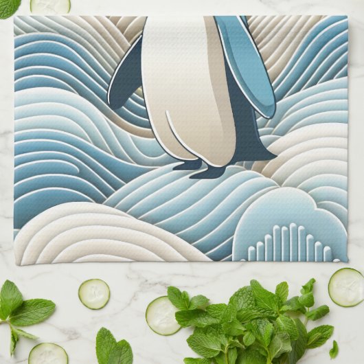 Pinguïn in crèmeblauwe Abstracte golven Theedoek (Gevouwen)