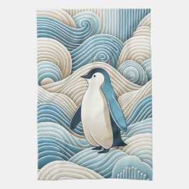Pinguïn in crèmeblauwe Abstracte golven Theedoek
