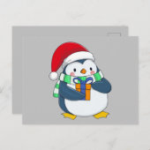 Pinguïn in een kerstpet met een cadeau-pilaar aankondigingskaart (Voorkant / Achterkant)