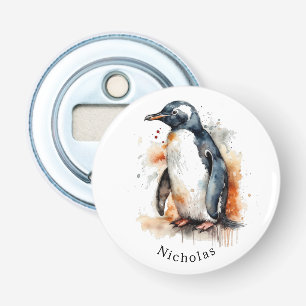 Pinguïn in oranje en zwarte waterverf button flesopener