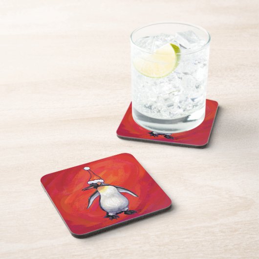 Pinguïn in Santa Hat op rood Bier Onderzetter (Rechterzijde)
