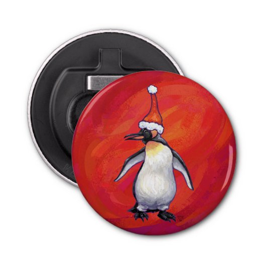 Pinguïn in Santa Hat op rood Button Flesopener (Voorkant)