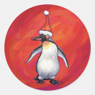 Pinguïn in Santa Hat op rood Ronde Sticker
