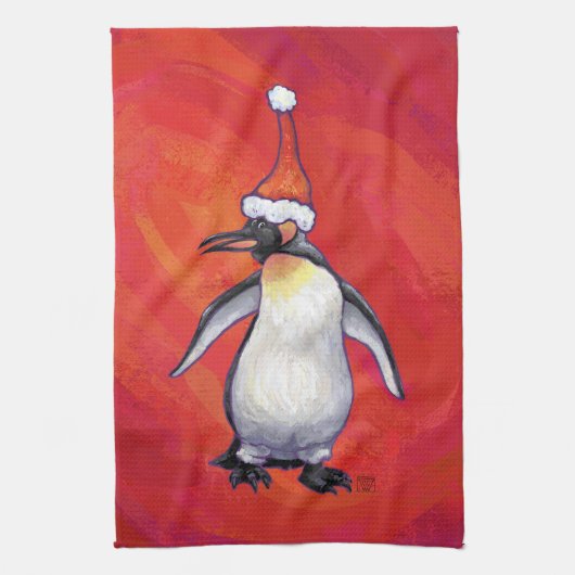 Pinguïn in Santa Hat op rood Theedoek (Verticaal)