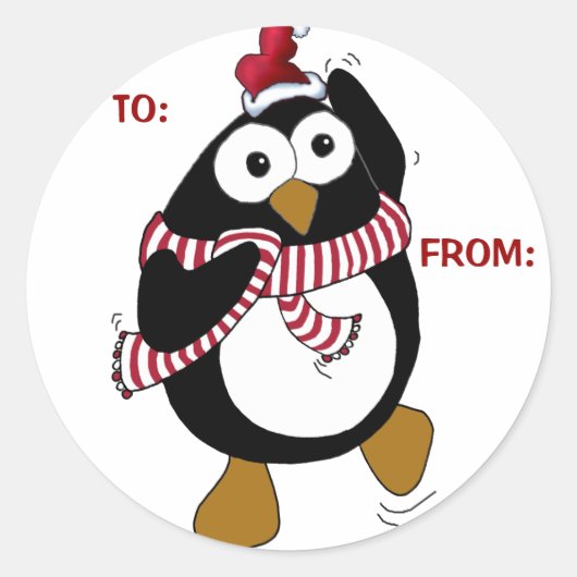 Pinguïn Kerst stickers: VAN EN NAAR Ronde Sticker (Voorkant)