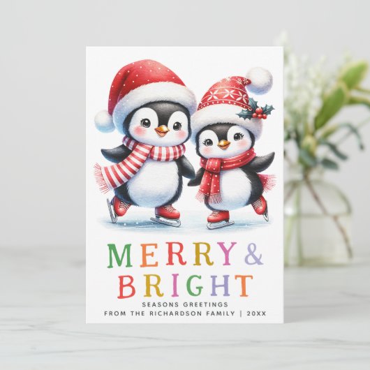 Pinguïn Kerstmis Kleurrijk Vrolijk en Helder Feestdagenkaart (Staand voorkant)