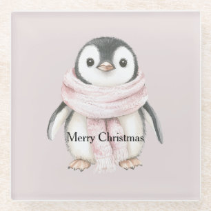 Pinguïn Kerstmis met Roze Sjaal Glazen Onderzetter