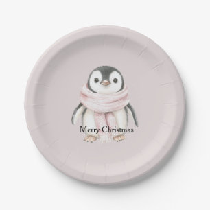 Pinguïn Kerstmis met Roze Sjaal Papieren Bordje