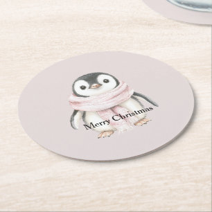 Pinguïn Kerstmis met Roze Sjaal Ronde Kartonnen Onderzetter