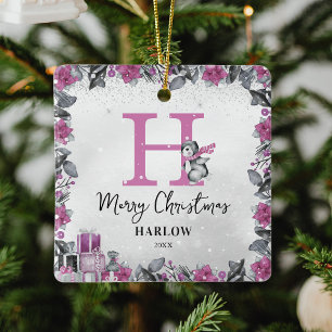 Pinguïn Kinderen Naam Monogram Kerstmis Keramisch Ornament