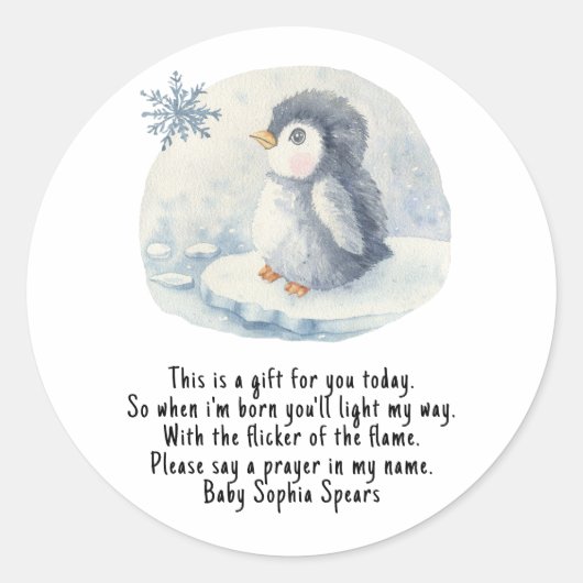 Pinguïn. Label voor gebedskaars (Voorkant)