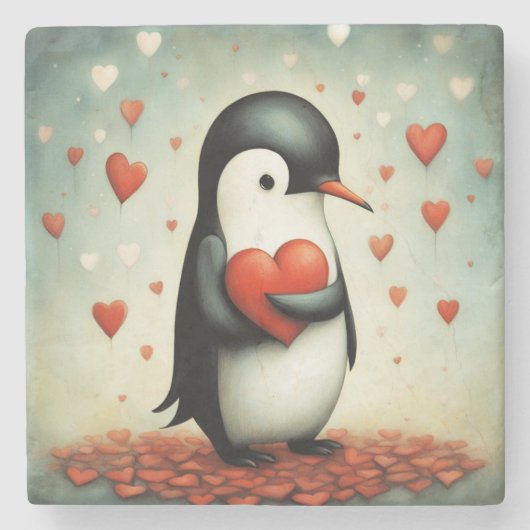 Pinguïn Liefde 1 Stenen Onderzetter (Voorkant)