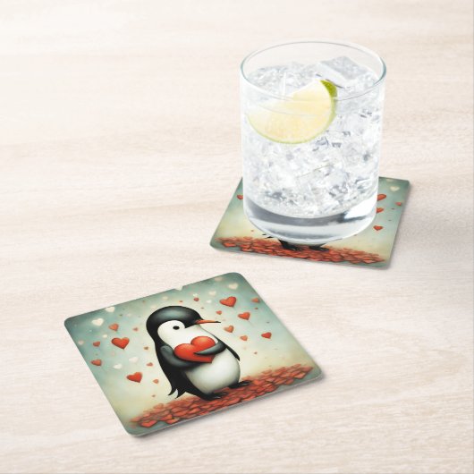 Pinguïn Liefde 1 Vierkante Kartonnen Onderzetter (Insitu)