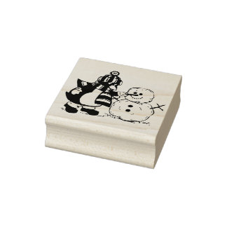 Pinguïn Making Sneeuwman Kerstmis Rubber Art Stamp Rubberstempel