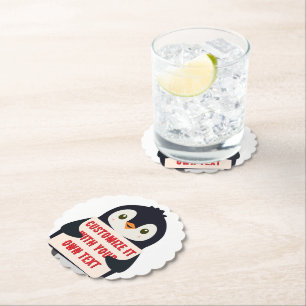 Pinguïn mascotte met een bord voor aangepaste teks kartonnen onderzetters