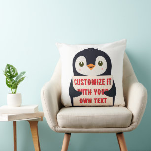 Pinguïn mascotte met een bord voor aangepaste teks kussen