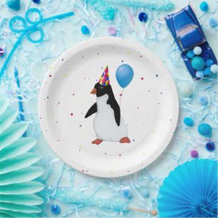 Pinguïn met blauw ballon, Bord op jaarpapier