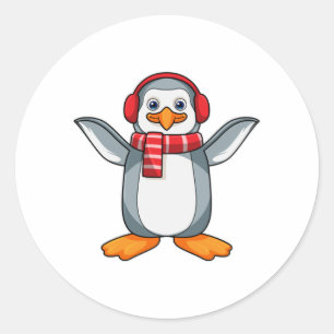 Pinguïn met carf en hoofdtelefoon ronde sticker