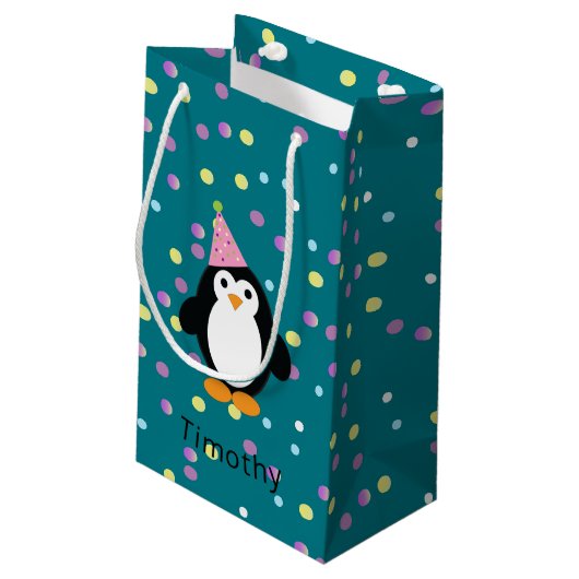 Pinguïn met Confetti achtergrond Klein Cadeauzakje (Achterkant Gekanteld)