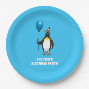 Pinguïn met een blauwe ballon papieren bordje