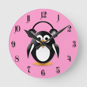Pinguïn met hoofdtelefoon ronde klok