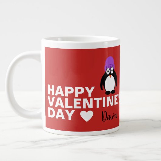Pinguïn met Paarse Pet Valentijnsdag Extra Grote Beker (Links)